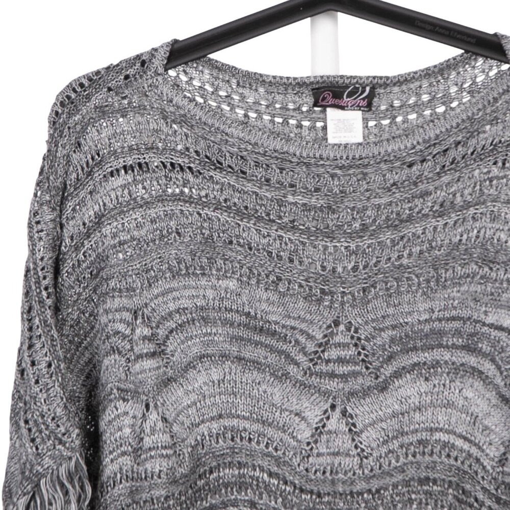 Gray Knit Boxy Poncho One Size Womens Fringed Hem Questions Say What Acrylic - Picture 2 of 6